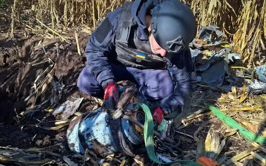 Sappers of SES seize warhead of enemy UAV "Geranium-2" in Kyiv region. PHOTO