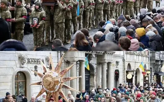 Photos from Lviv street half hour apart: farewell to fallen Heroes and installation of Christmas Didukh. PHOTO