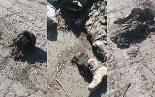 Only surviving occupier looks at bodies of his accomplices: "Here’s another one our corpse. Head is there, body is here". VIDEO 18+