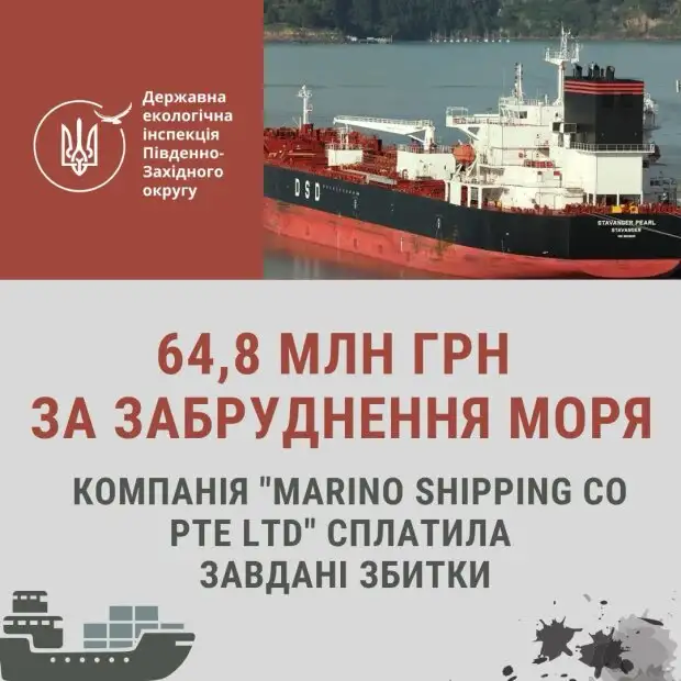 Госэкоинспекция привлекла к ответственности компанию "MARINO SHIPPING CO PTE LTD": уплачено 64,8 млн. грн.