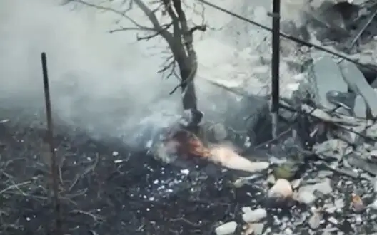 Remains of occupier’s body lie along surviving fence of destroyed Ukrainian yard. VIDEO 18+