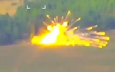 Detonation of Russian "Buk-M3" air defence missile system after being hit by American "Switchblade 600" kamikaze drone. VIDEO