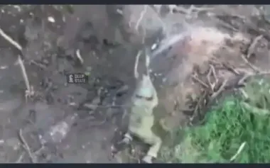 Russian man frantically beats Ukrainian drone that has fallen to ground with stick and disappears in cloud of smoke and fire. VIDEO