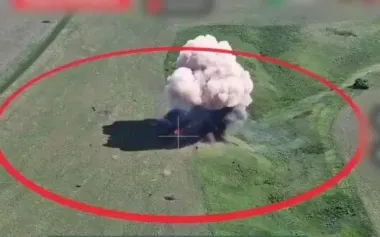 Enemy armoured vehicle disappears in smoke and flames after attack by marines from 36th Brigade. VIDEO