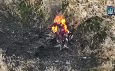 Body of Russian invader engulfed in flames after attack by Ukrainian strike drone. VIDEO