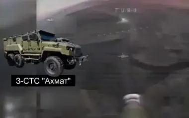 Akhmat armored vehicle hits mines, then takes follow-up hit from FPV drone. VIDEO
