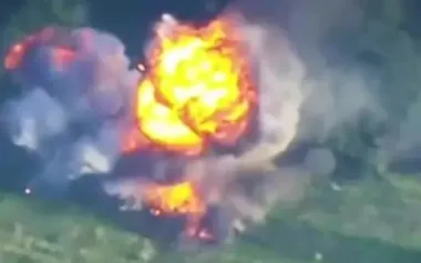 Powerful detonation of BMP-2 ammunition after being hit by FPV drone - Kharkiv direction. VIDEO