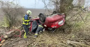 На Кировоградщине легковушка врезалась в дерево и перевернулась: погибшего доставали спасатели